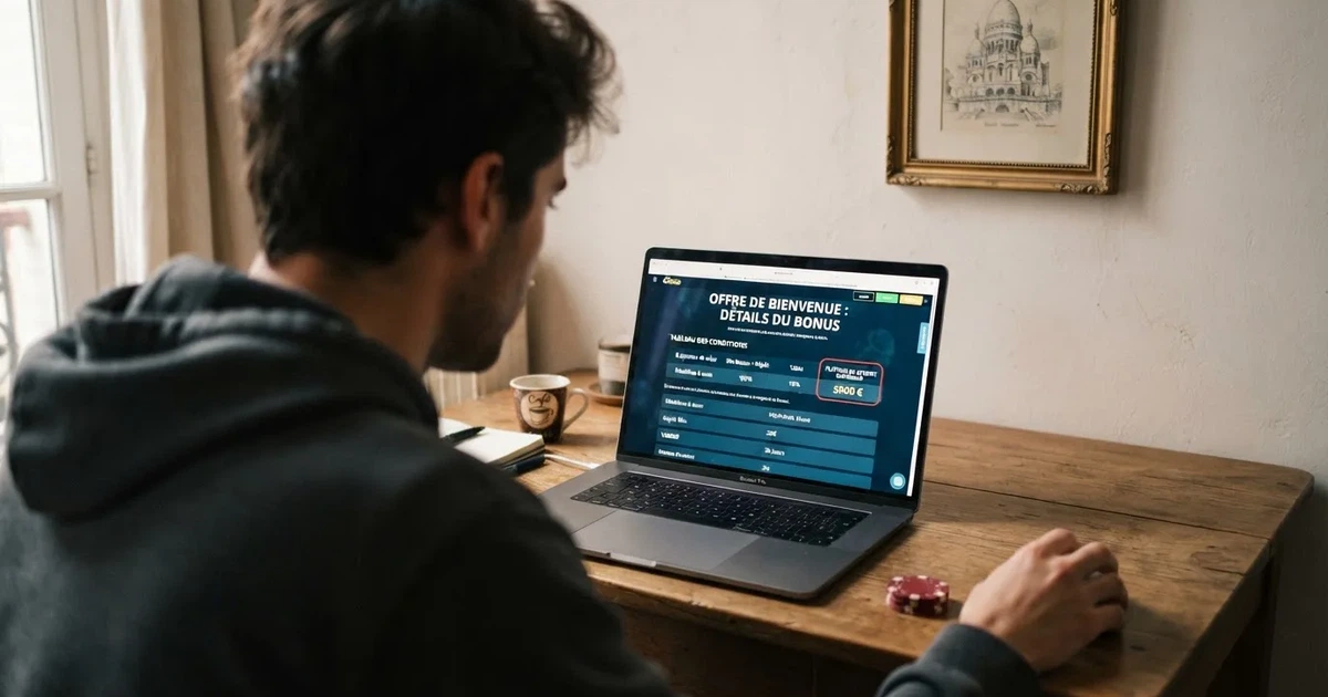 Joueur consultant sur un ordinateur portable les conditions de mise et le plafond de retrait d'un bonus casino
