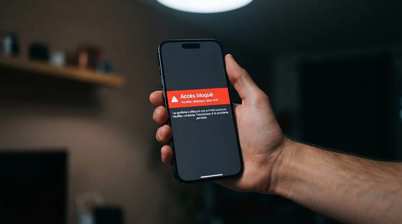 Main tenant un smartphone affichant un message d'avertissement d'accès bloqué