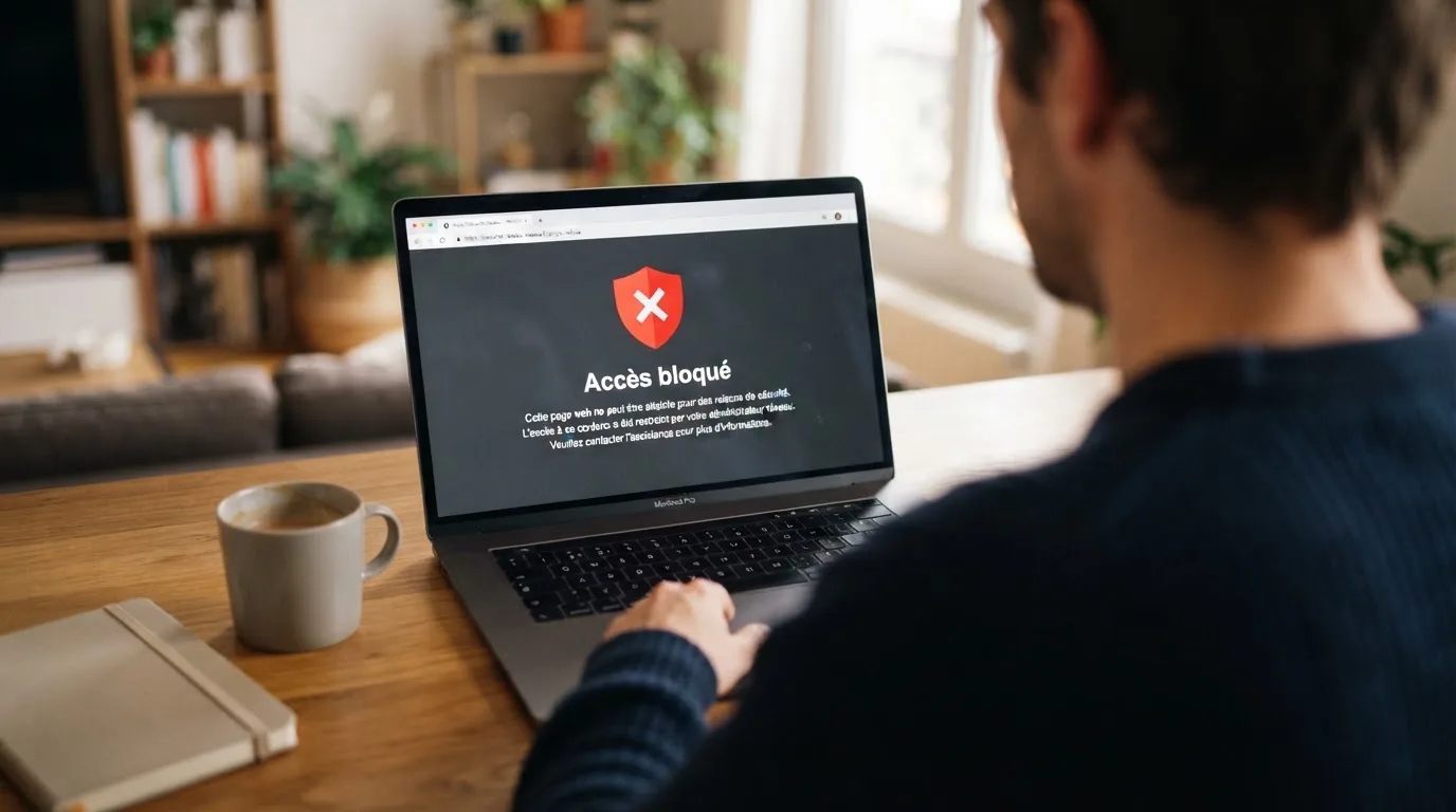 Page d'un navigateur affichant un message d'accès bloqué à un site de jeu, symbolisant le blocage administratif