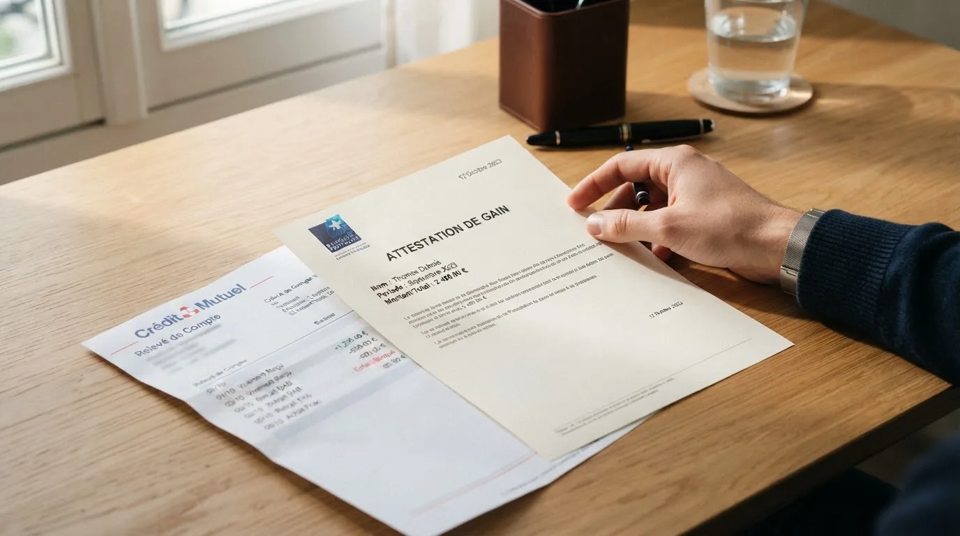 Document d'attestation de gain posé à côté d'un relevé bancaire sur un bureau
