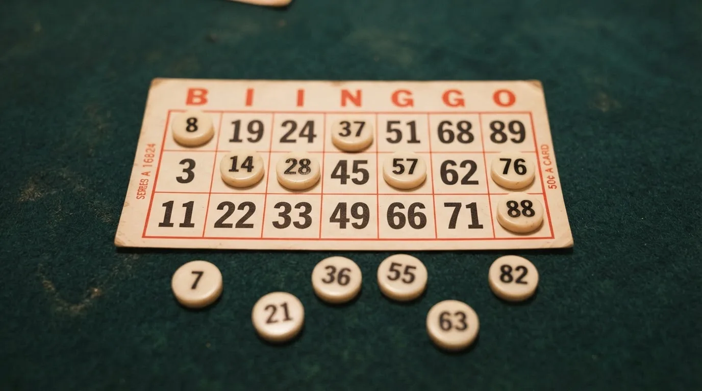 Grille de bingo avec un carton 3 lignes sur 9 colonnes et des jetons numérotés posés dessus