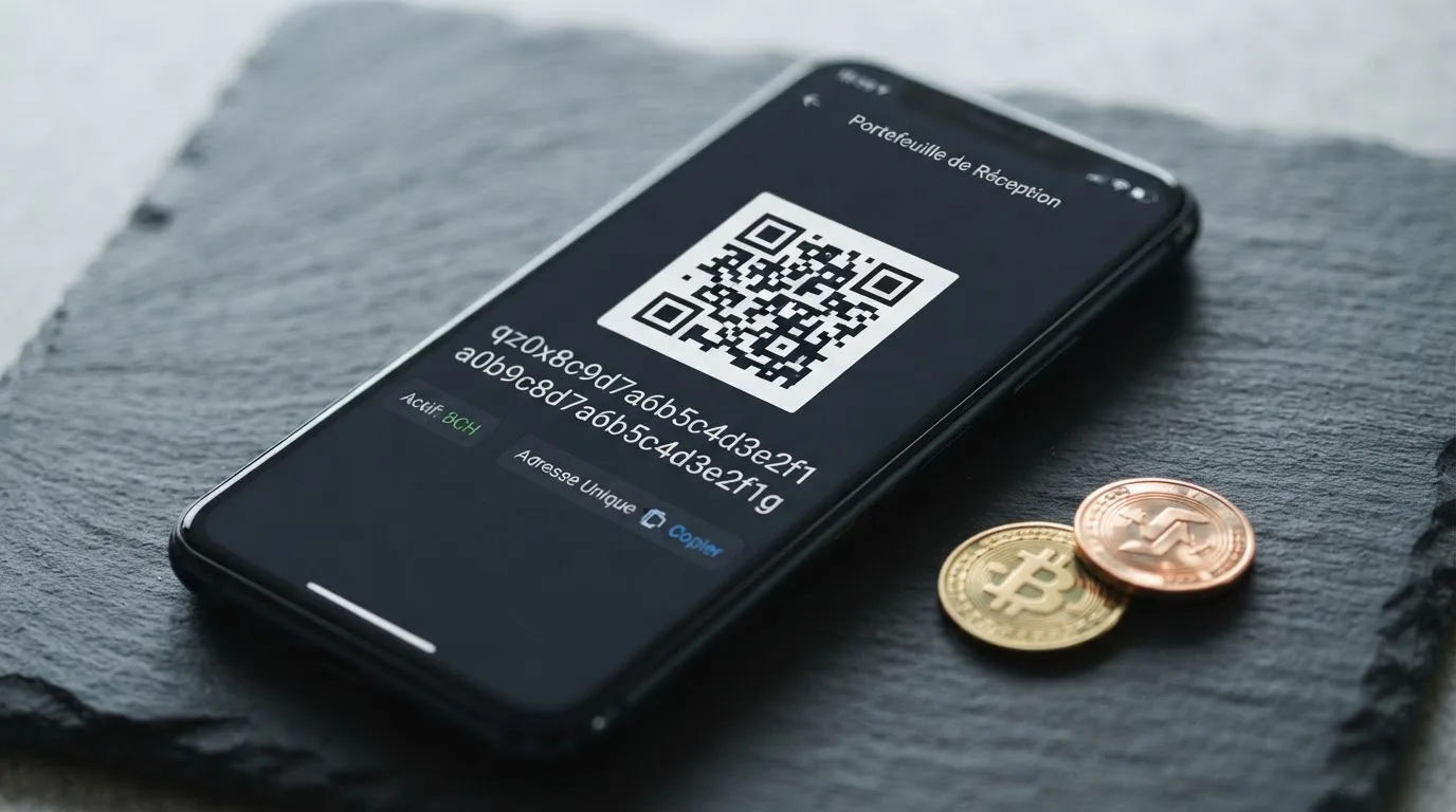 Gros plan sur une application de portefeuille crypto affichant une adresse Bitcoin Cash au format CashAddr commençant par la lettre q, sur fond de pièces BCH.