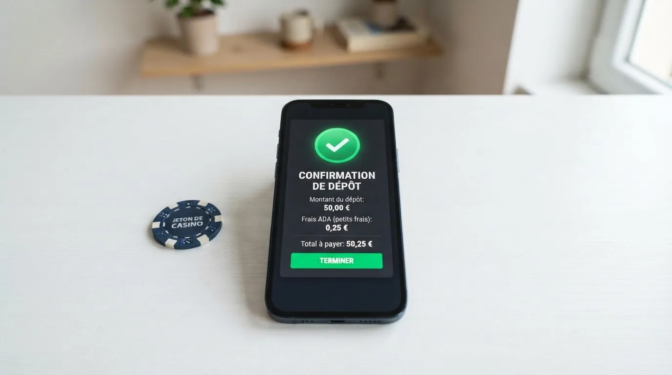 Confirmation d'une transaction Cardano affichée sur l'interface d'un casino en ligne, avec le montant des frais de réseau détaillé