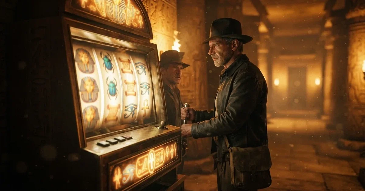 Rich Wilde, l'explorateur-archéologue, dans un temple égyptien sur les rouleaux de la machine à sous Book of Dead