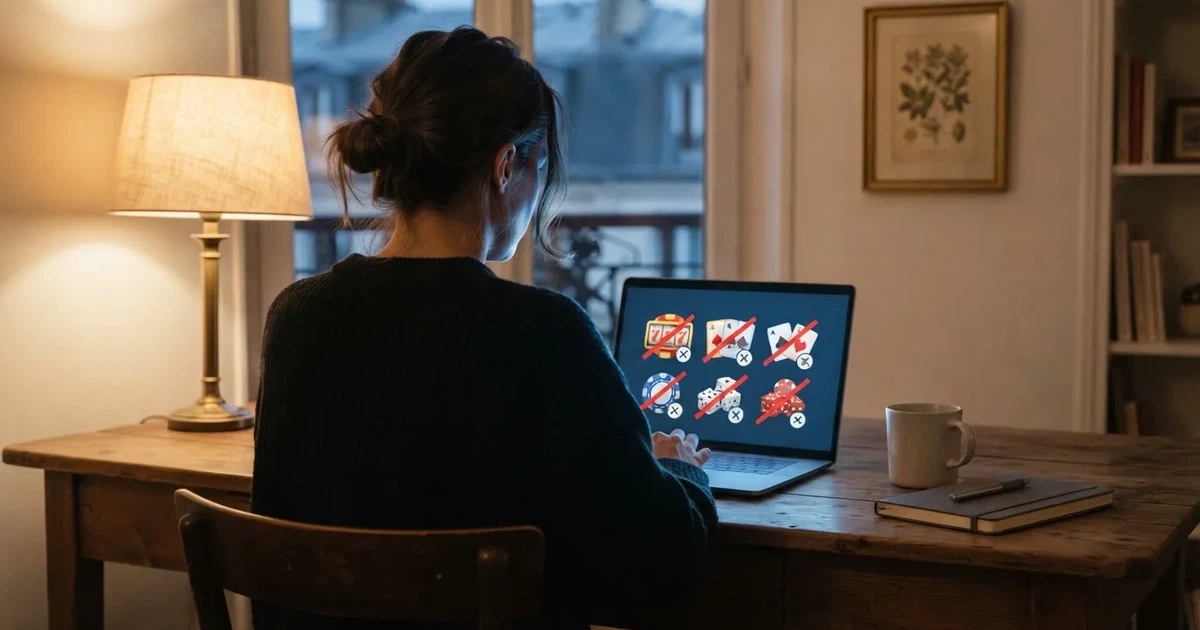 a French player looking at a screen listing several offshore casino brand logos crossed out with a « blocked » ribbon