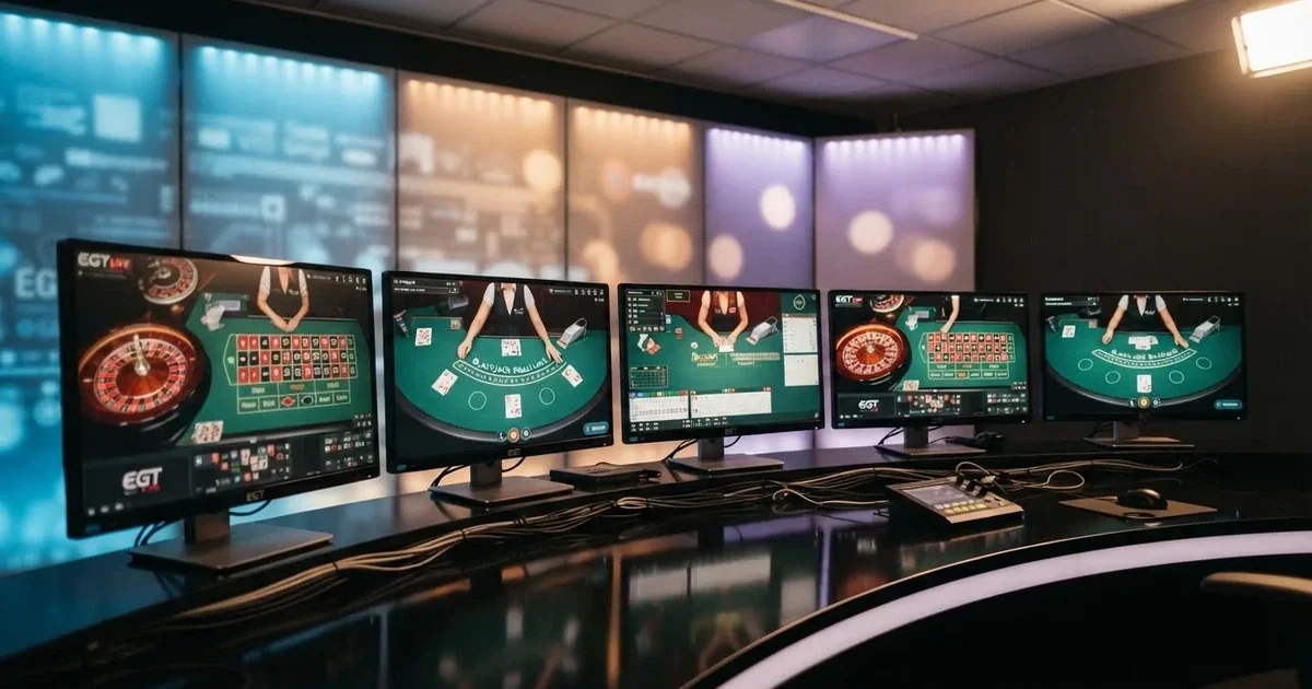 a games-technology supplier's logo wall shown behind a row of casino monitors in a broadcast studio, no brand names visible
