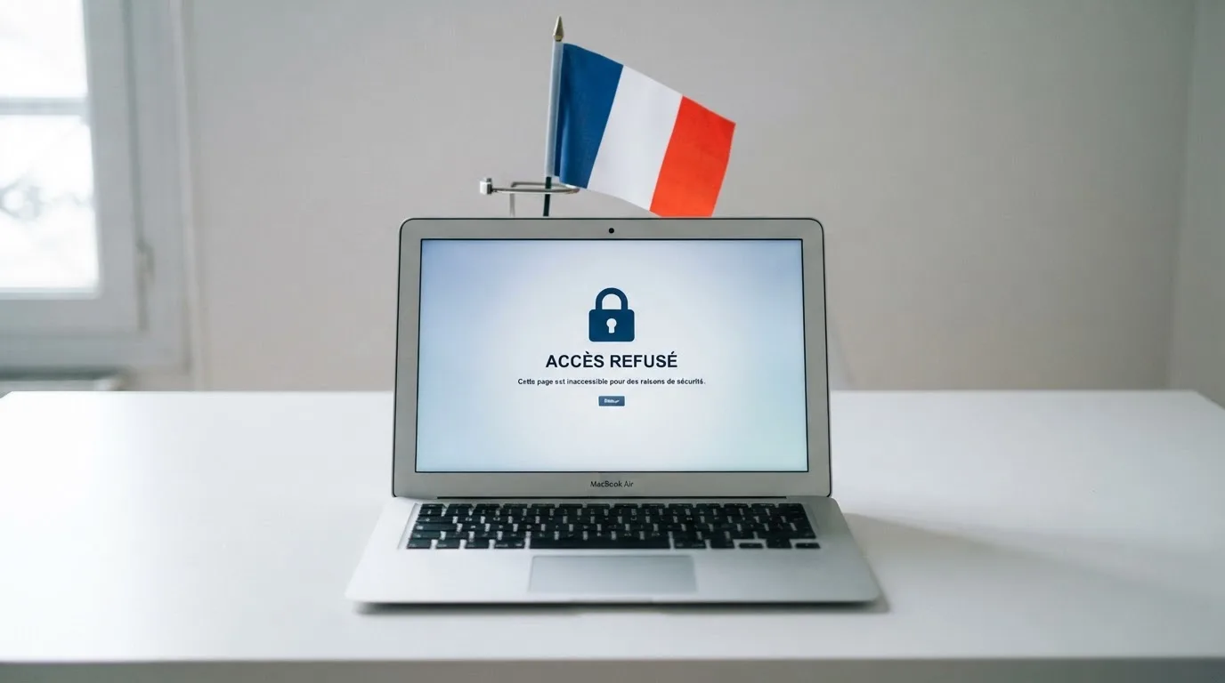 Un écran d'ordinateur affiche un message d'accès bloqué à un site de jeux d'argent non autorisé, sur fond de drapeau français stylisé.