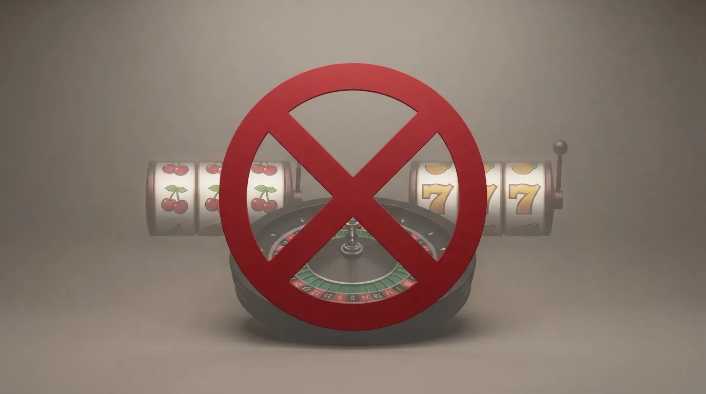 pictogramme d'interdiction superposé à une roulette et des machines à sous, illustrant l'interdiction du casino en ligne en France