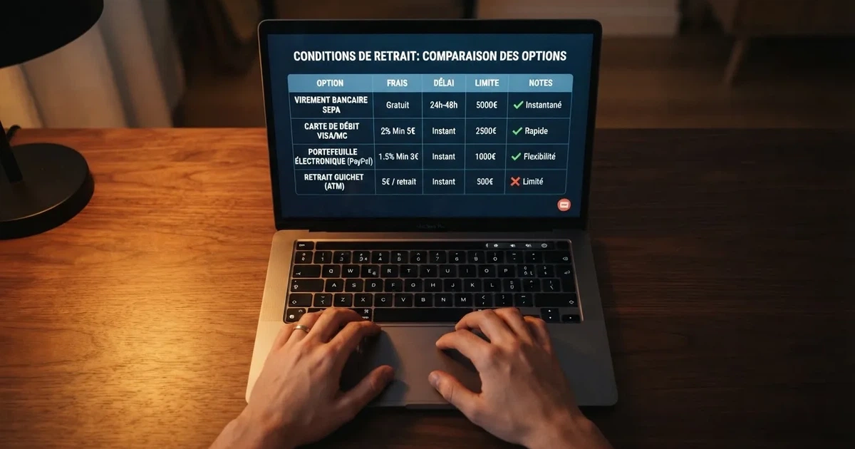 mains d'un joueur consultant un tableau comparatif de conditions de retrait sur un ordinateur portable