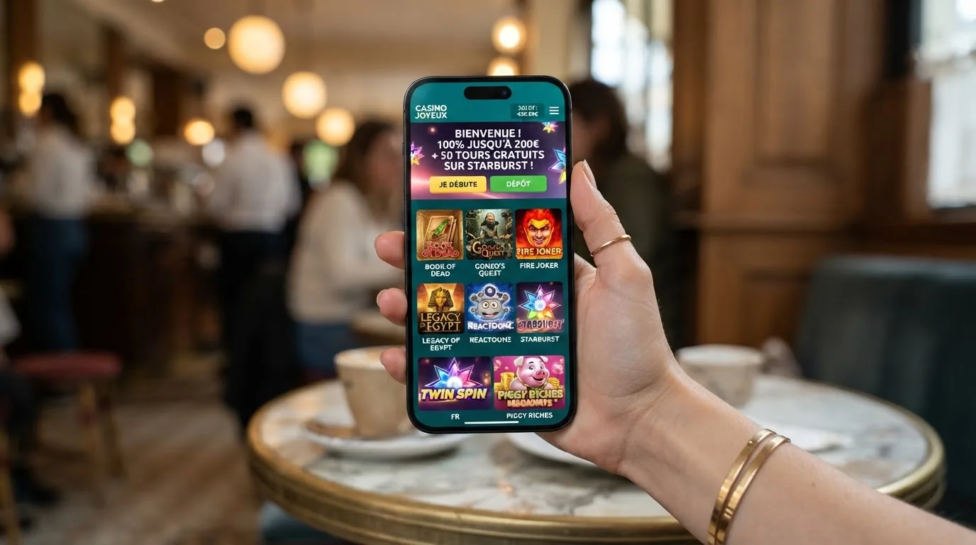 Écran de smartphone affichant l'interface mobile d'un casino en ligne avec une notification de tours gratuits
