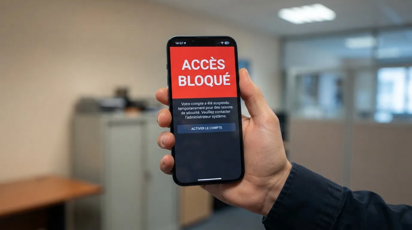 Main tenant un smartphone affichant un écran de blocage de site avec un message d'avertissement rouge, dans un décor évoquant un bureau administratif français.