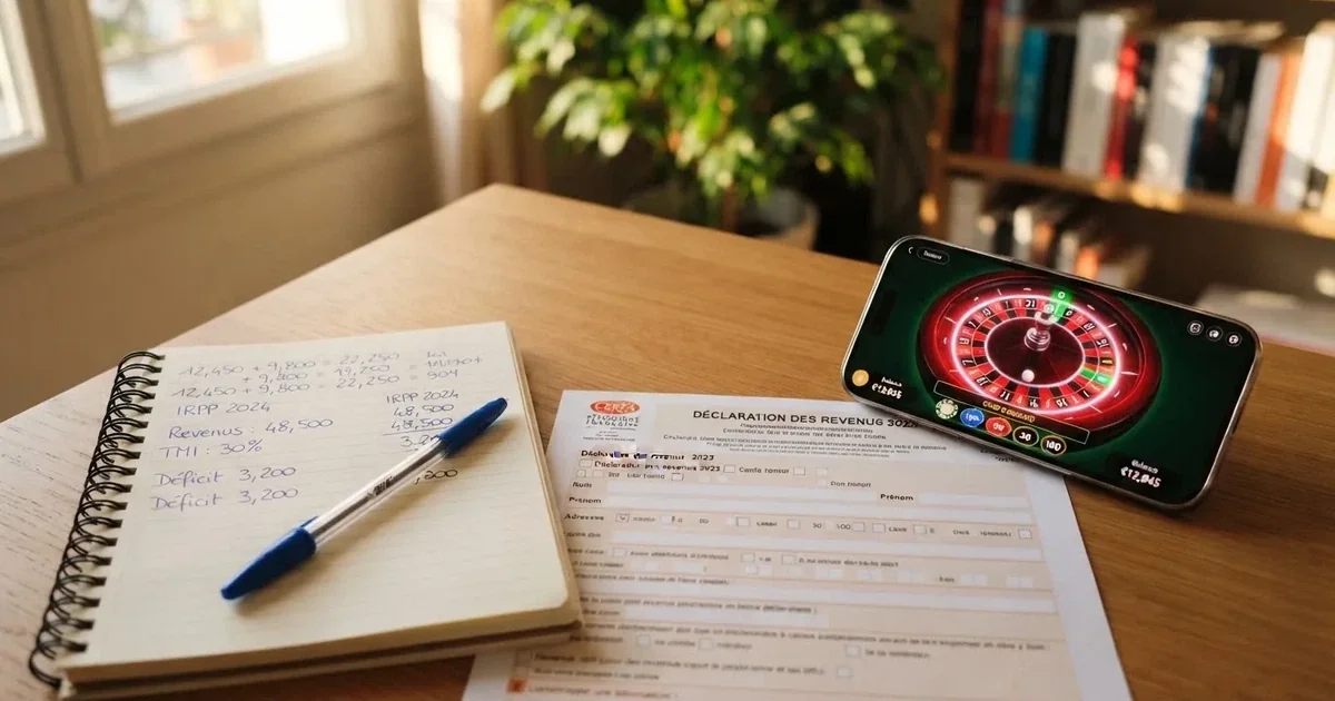 Une calculatrice et une déclaration de revenus française posées à côté d'un écran affichant un jeu de casino en ligne
