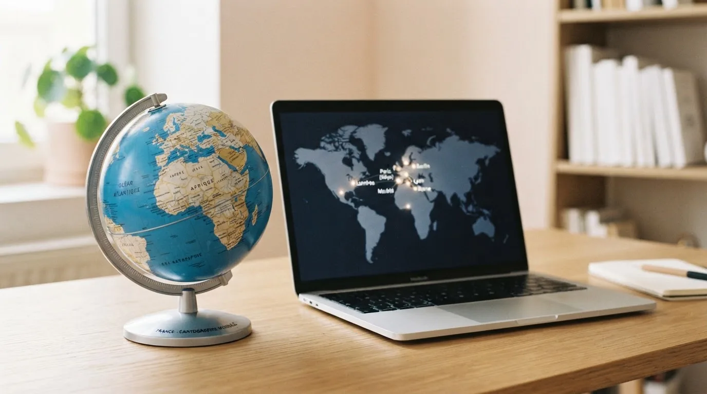 Un globe terrestre posé à côté d'un ordinateur portable affichant une carte du monde.