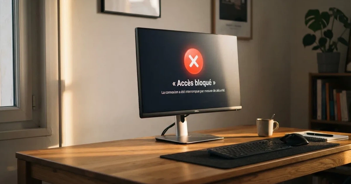 Un panneau d'avertissement numérique affichant un accès bloqué sur un écran d'ordinateur.