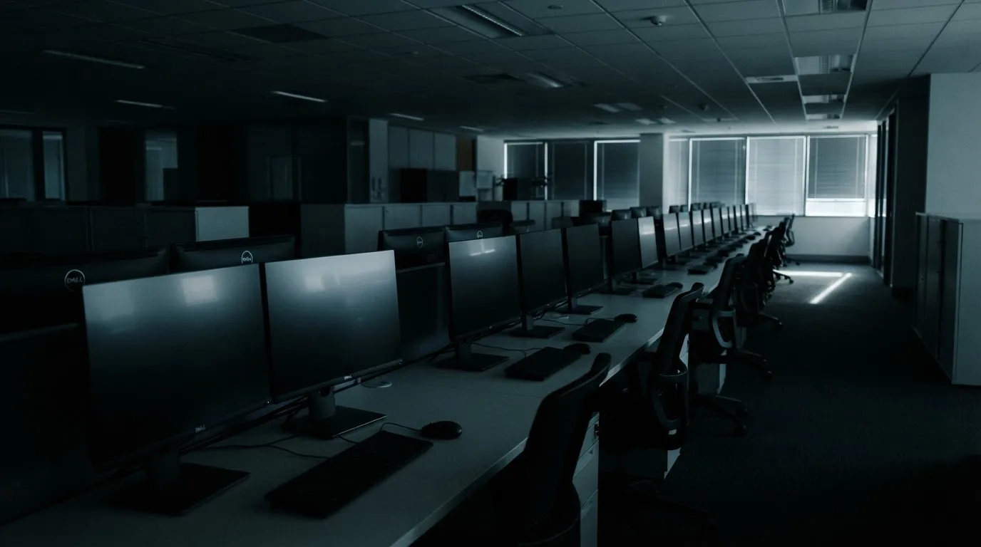 Une rangée d'écrans d'ordinateur éteints dans un bureau vide.