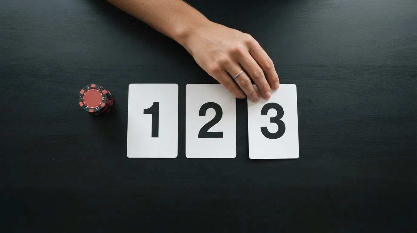 overhead flat-lay of a hand ranking printed casino logos on numbered cards on a desk