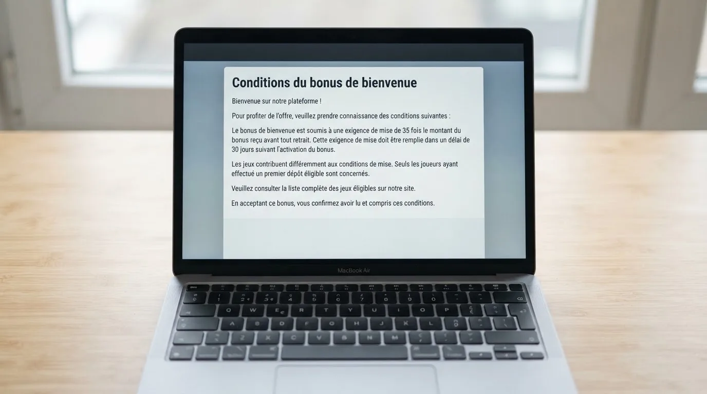 Capture d'ecran des conditions generales d'un bonus de bienvenue en ligne