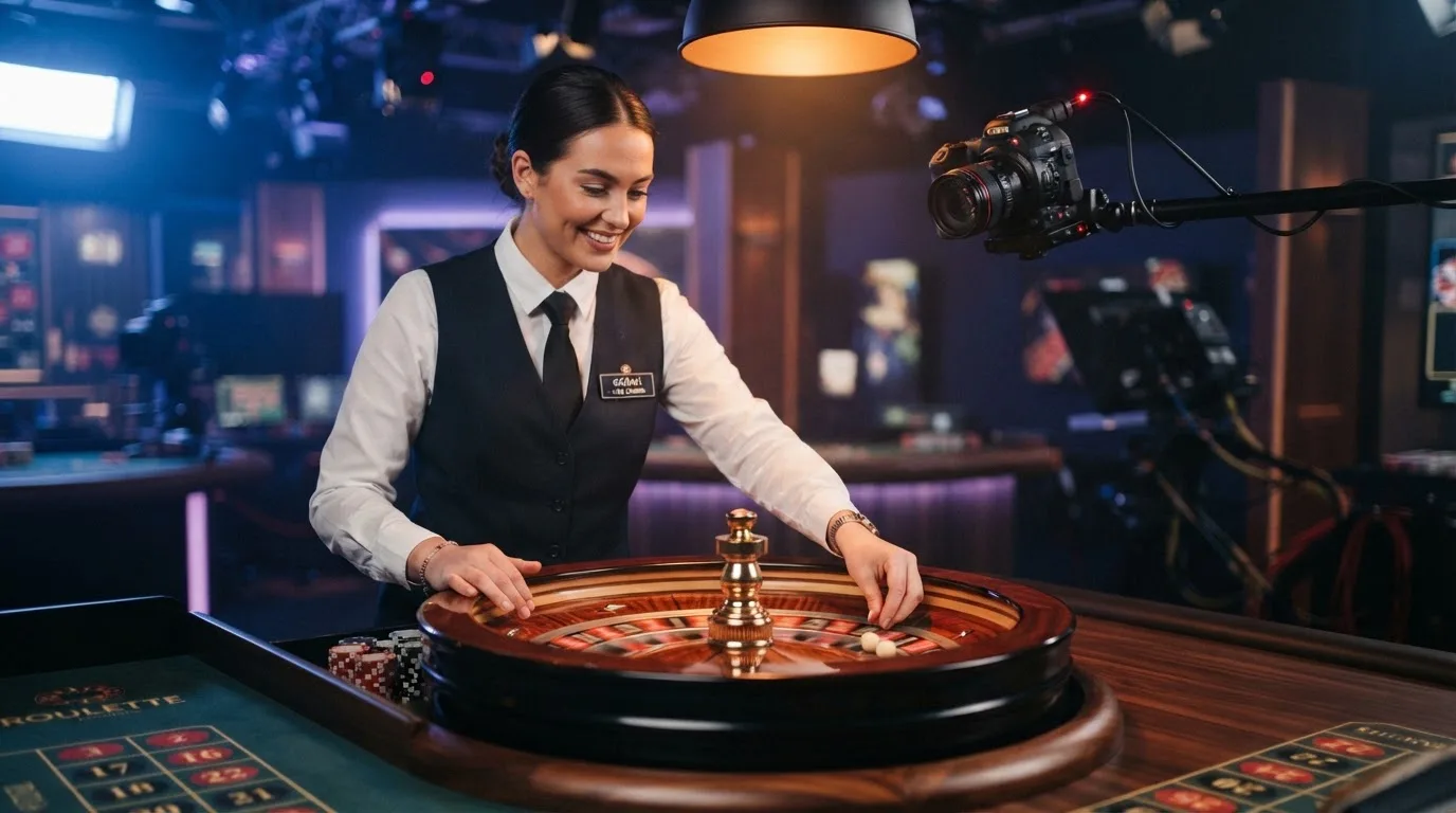 a live dealer standing at a roulette wheel under studio lighting, streaming camera visible above the table