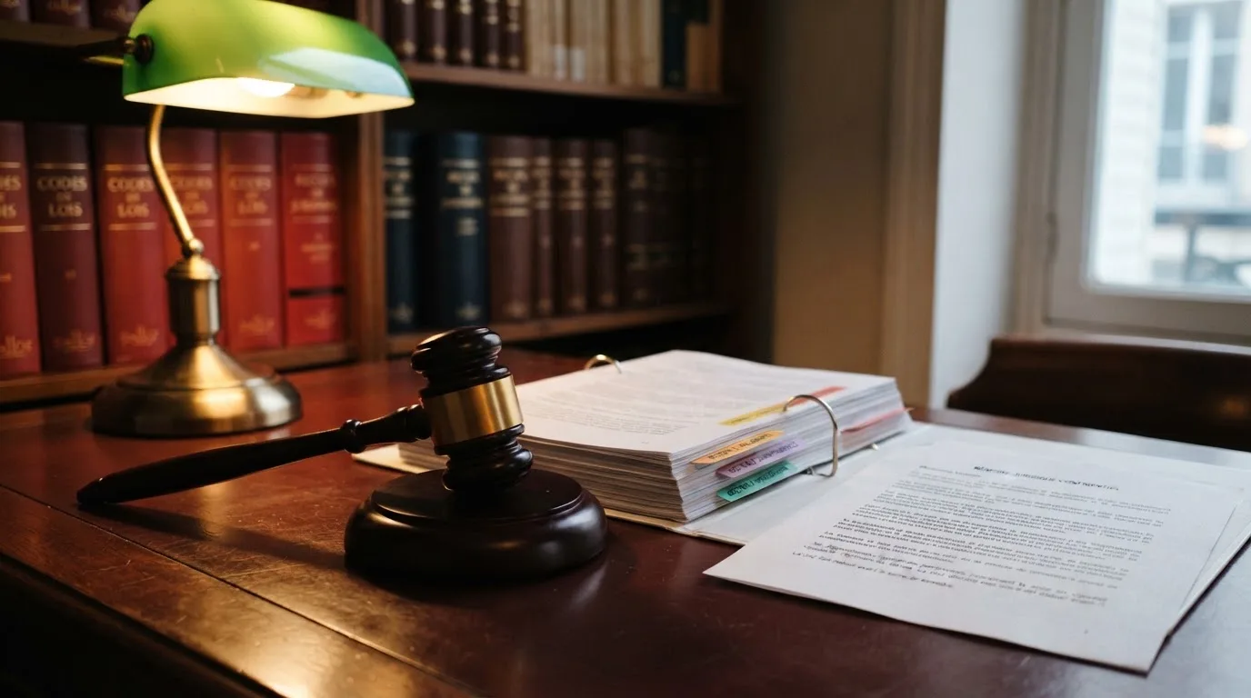 A gavel resting beside official regulatory documents on a wooden desk
