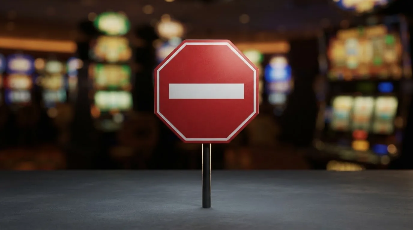 a red official-style stop/prohibition icon overlaid on a blurred casino slot-reel background