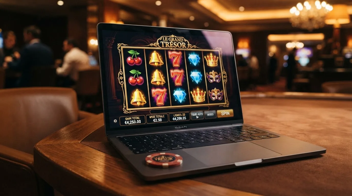 Rouleaux de machine à sous animés sur l'écran d'un casino en ligne, sans marque de casino visible