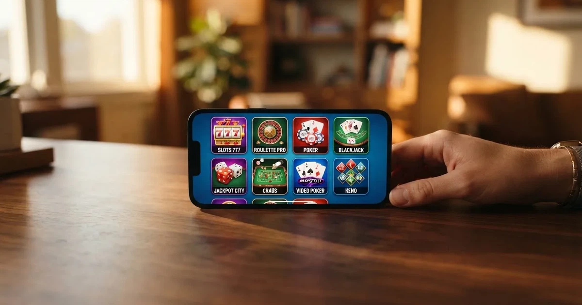 Écran de smartphone affichant une grille d'icônes d'applications de jeux, sans nom de marque lisible.