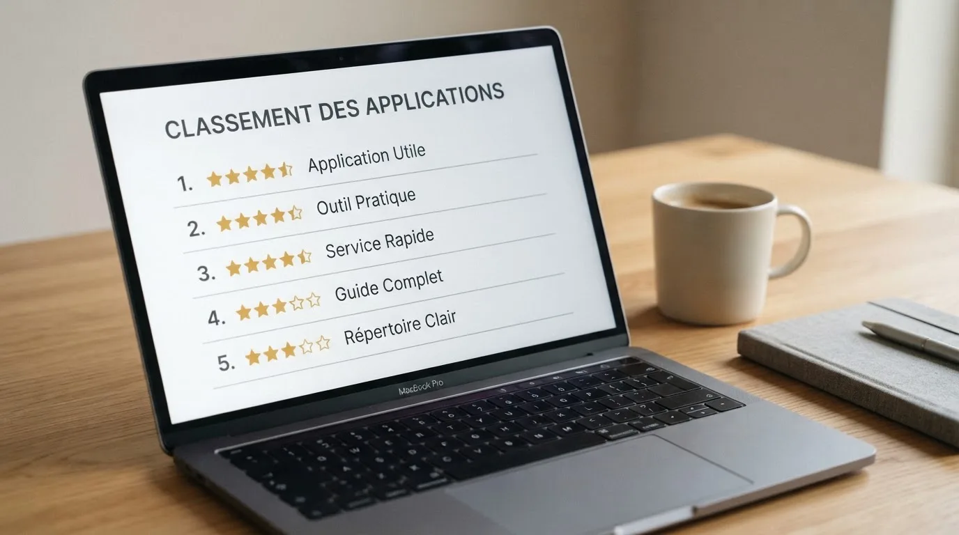 Liste de notes et d'étoiles affichée sur un écran, évoquant un classement d'applications sans nom de marque.