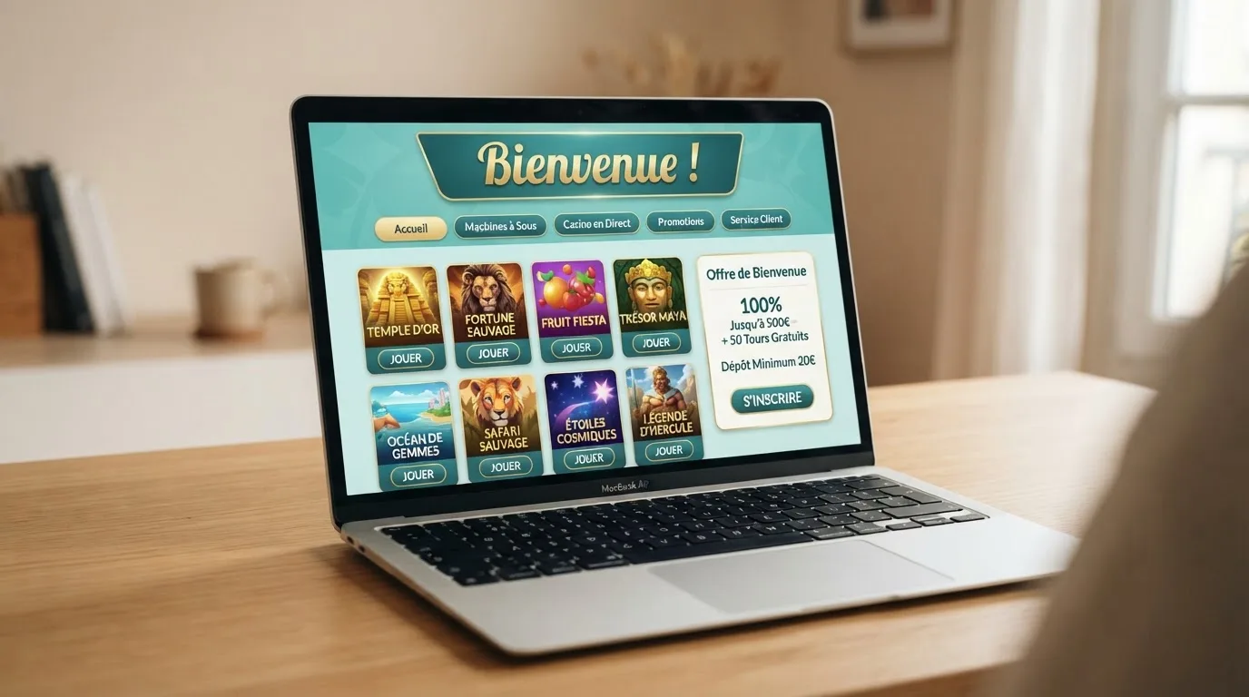 L'interface d'un casino en ligne récemment lancé affichant une bannière de bienvenue destinée aux nouveaux joueurs français.