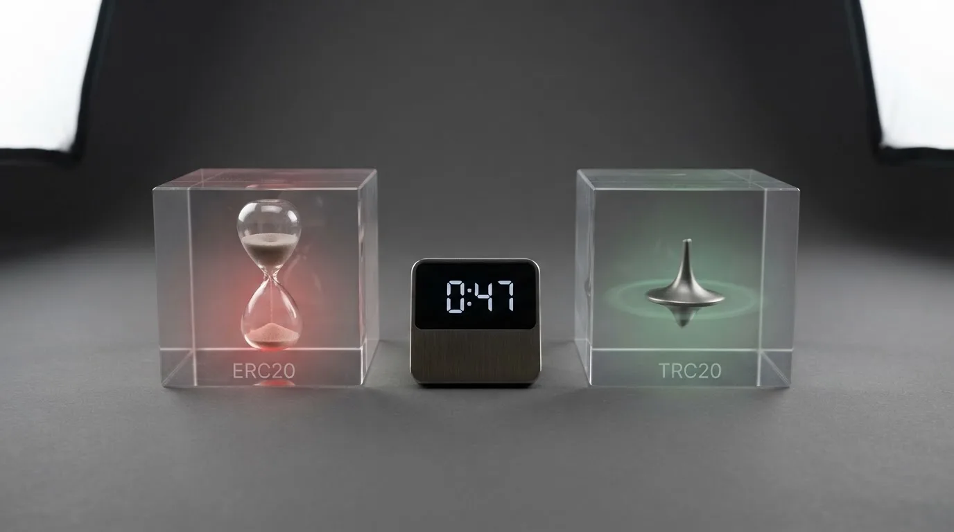 a split-screen graphic comparing a slow bank-transfer icon against a fast blockchain-transfer icon with a stopwatch