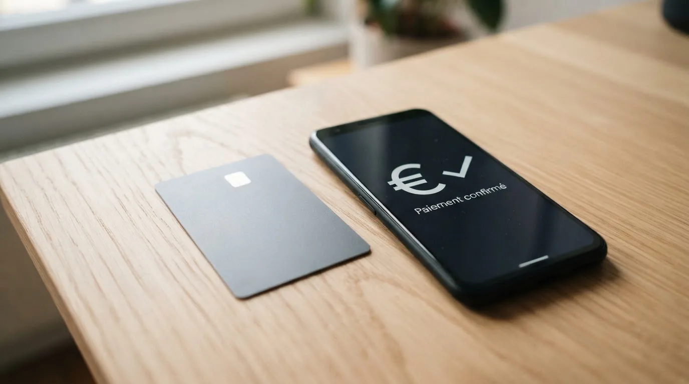 Close-up of a bank card and a smartphone displaying a payment confirmation screen