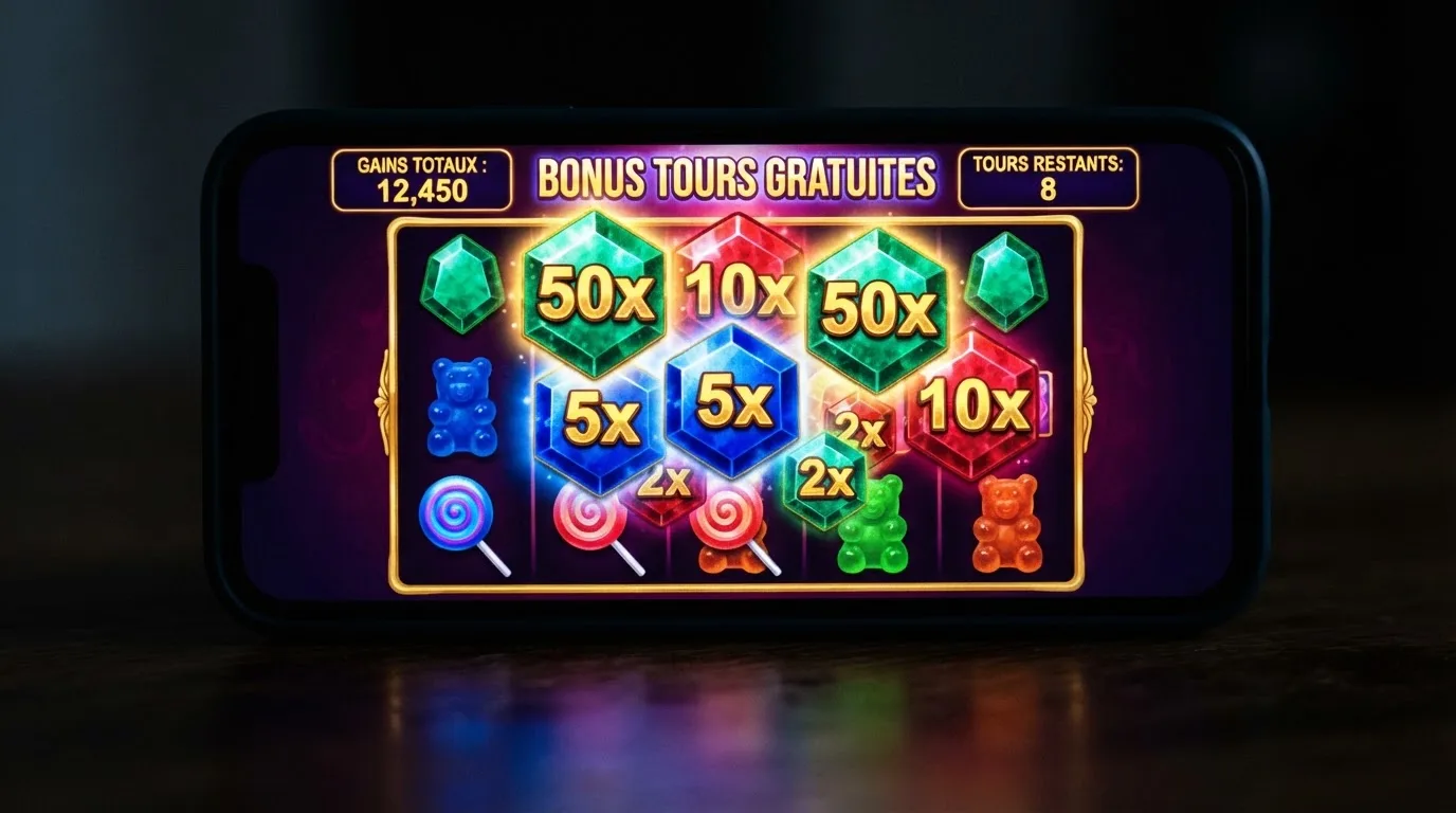 Gros plan sur des symboles multiplicateurs colorés qui s'accumulent lors d'un tour bonus de machine à sous