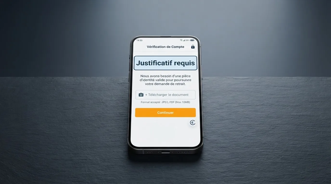 Formulaire de retrait en ligne affichant une demande de justificatif avant validation du paiement