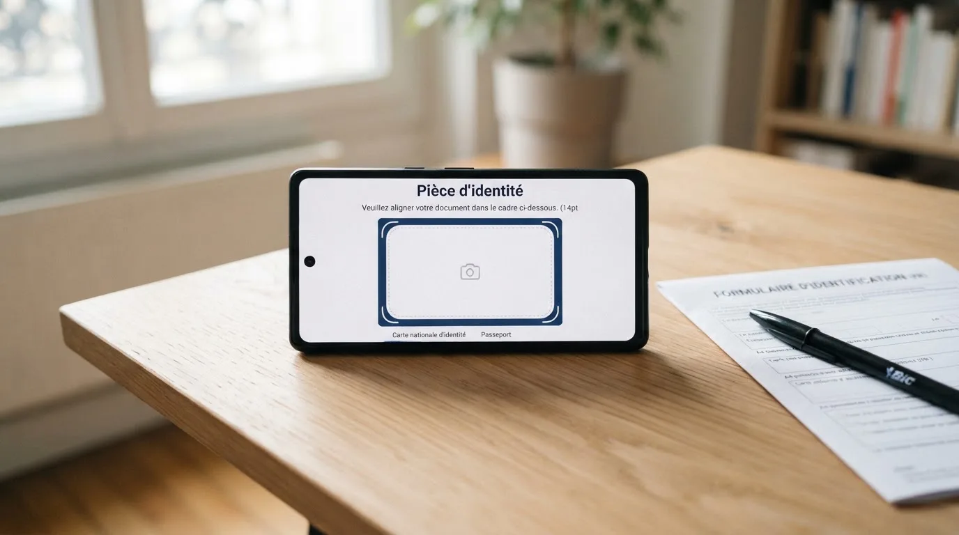 a smartphone screen showing an identity-document upload step for an online self-exclusion request
